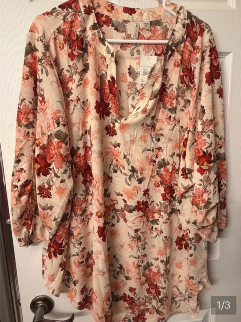 Cato Cream Floral Split-Neck Tunic with Coral and Rust Blooms